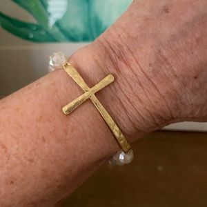 Gold Cross crystal beaded Bracelet stretch wrist sideways cross